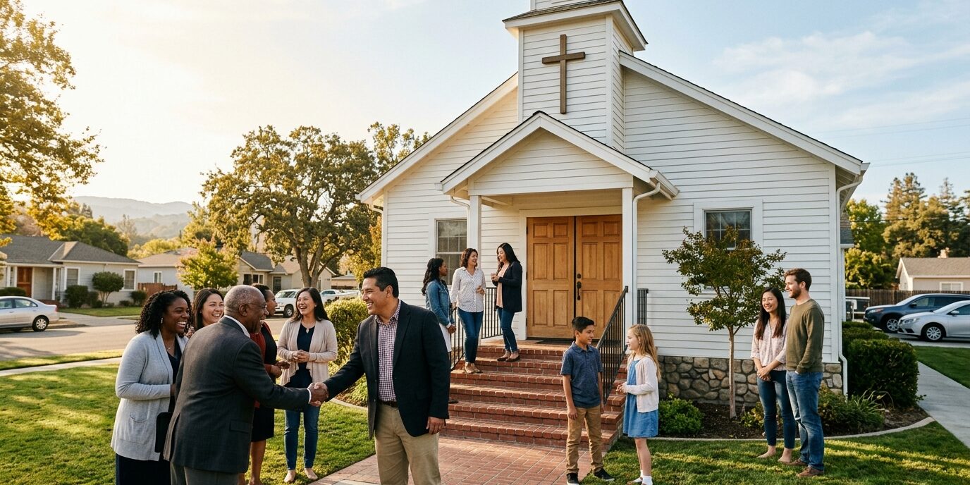 A small AEGA-chartered evangelical church with its congregation outside after service